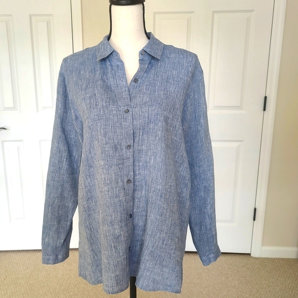 Eileen Fisher Yarn-Dyed Handkerchief Organic Linen Button Up Chambray Shirt PM - Picture 2 of 11